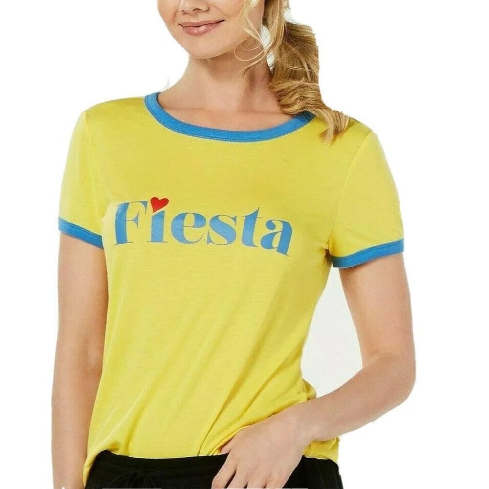 Jenni Pajama Top Size L Fiesta Graphic Short Sleeve Ringer Yellow Loungewear